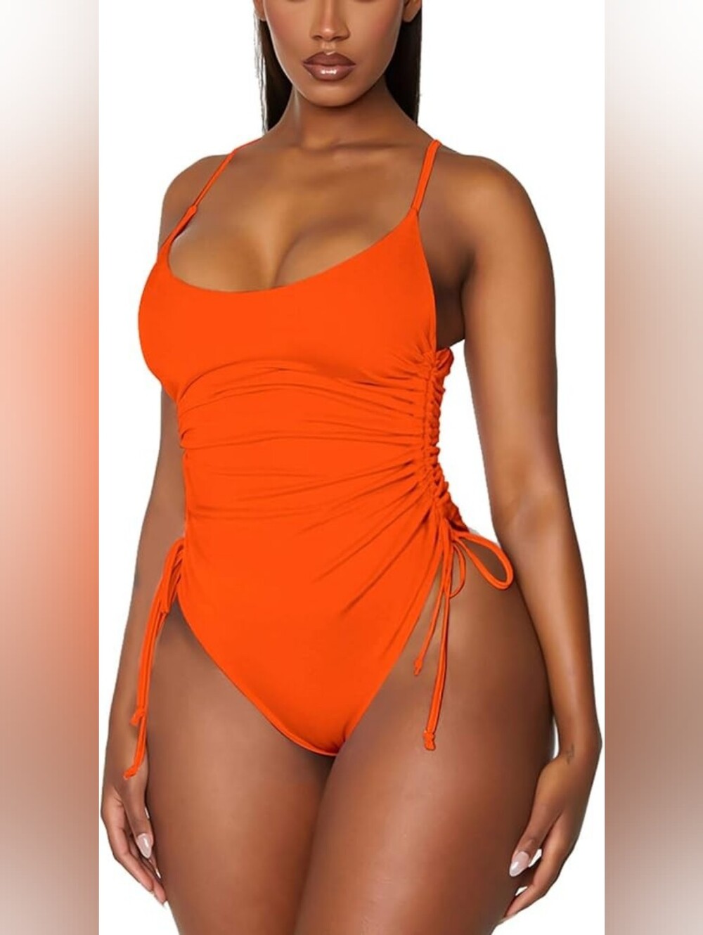 Women's Neon Orange Ruched High Cut One Piece Swimsuit Tummy Control Monokini, L